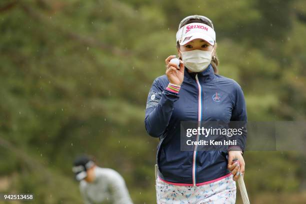 Kaori Aoyama of Japan reacts on the 18th green during the final round of the Hanasaka Ladies Yanmar Golf Tournament at Biwako Country Club on April...