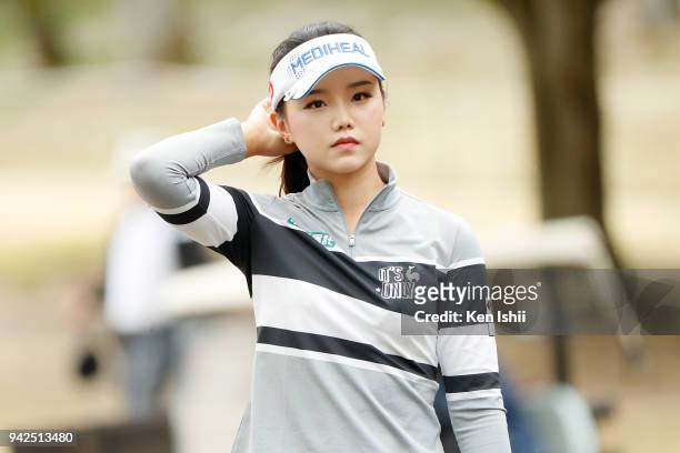 Yuting Seki of China looks on during the final round of the Hanasaka Ladies Yanmar Golf Tournament at Biwako Country Club on April 6, 2018 in Ritto,...