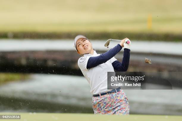Rikako Sakashita of Japan chips onto the 18th green during the final round of the Hanasaka Ladies Yanmar Golf Tournament at Biwako Country Club on...