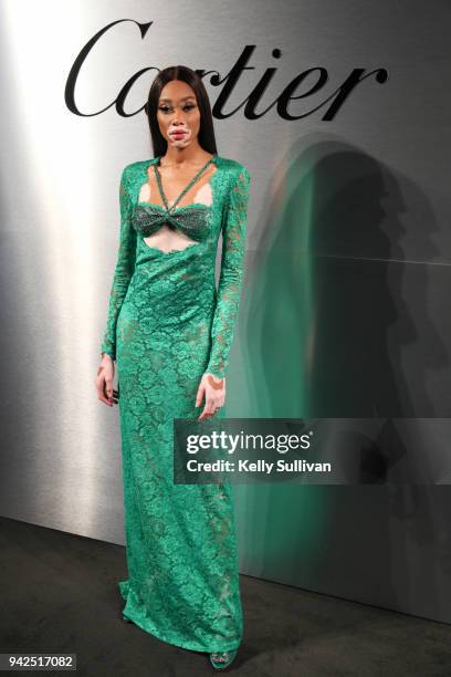 Model Winnie Harlow arrives on the red carpet for the Santos de Cartier Watch Launch at Pier 48 on April 5, 2018 in San Francisco, California.