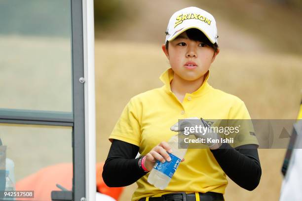 Miyuu Yamashita of Japan watches on the 2nd hole during the final round of the Hanasaka Ladies Yanmar Golf Tournament at Biwako Country Club on April...