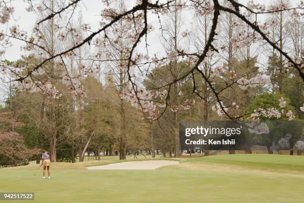 Riko Inoue of Japan plays her putt shot on the 8th hole during the final round of the Hanasaka Ladies Yanmar Golf Tournament at Biwako Country Club...