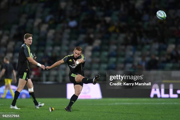 Ihaia West of the Hurricanes warms up before the round eight Super Rugby match between the Hurricanes and the Sharks at McLean Park on April 6, 2018...