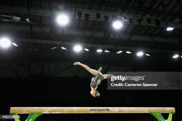 Maisie Methuen of Wales competes on the beam during the Women's Team Final and Individual Qualification Artistic Gymnastics on day two of the Gold...