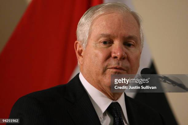Secretary of Defense Robert Gates speaks to workers at the U.S. Embassy in the Green Zone December 10, 2009 in Baghdad, Iraq. Secretary Gates stopped...