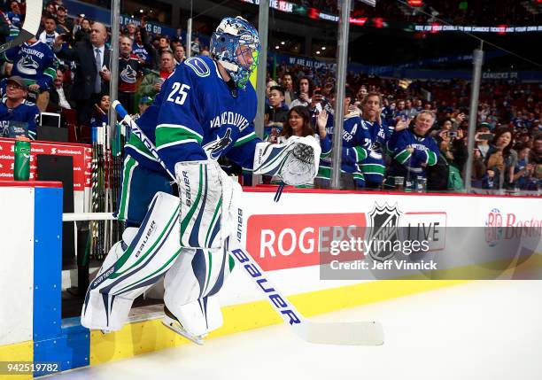 April 3: Jacob Markstrom of the Vancouver Canucks steps onto the ice during their NHL game against the Vegas Golden Knights at Rogers Arena April 3,...