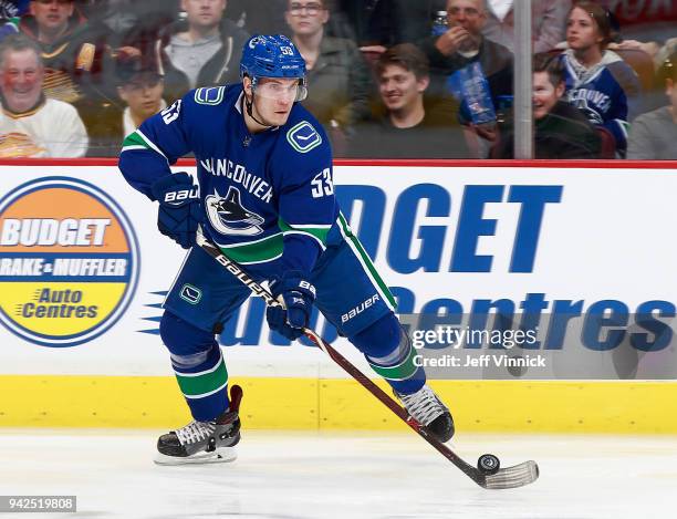 April 3: Bo Horvat of the Vancouver Canucks skates up ice with the puck during their NHL game against the Vegas Golden Knights at Rogers Arena April...