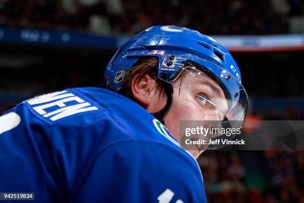 April 3: Jake Virtanen of the Vancouver Canucks looks on from the bench during their NHL game against the Vegas Golden Knights at Rogers Arena April...