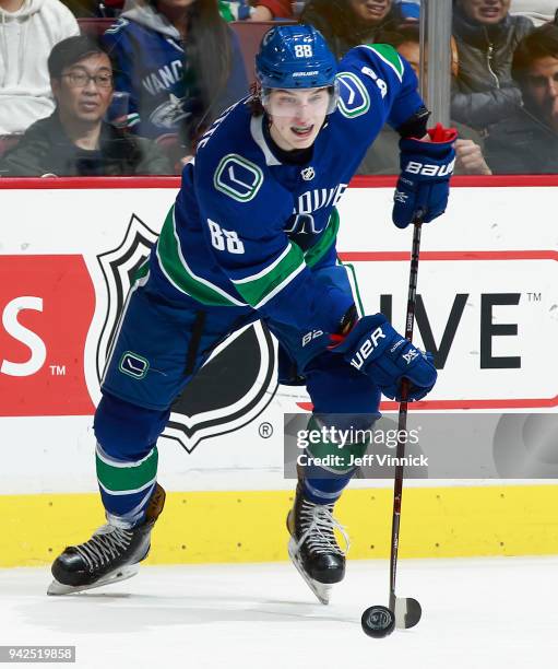 April 3: Adam Gaudette of the Vancouver Canucks skates up ice during their NHL game against the Vegas Golden Knights at Rogers Arena April 3, 2018 in...