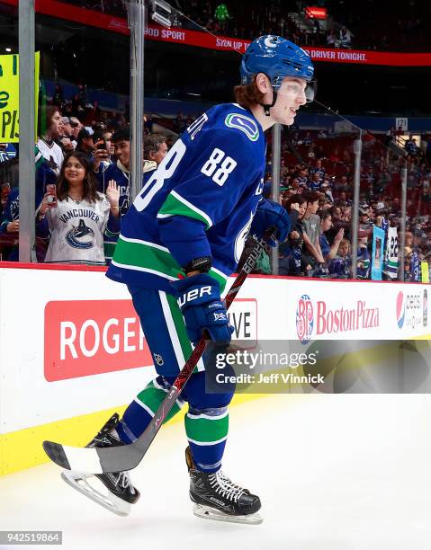 April 3: Adam Gaudette of the Vancouver Canucks skates up ice during their NHL game against the Vegas Golden Knights at Rogers Arena April 3, 2018 in...