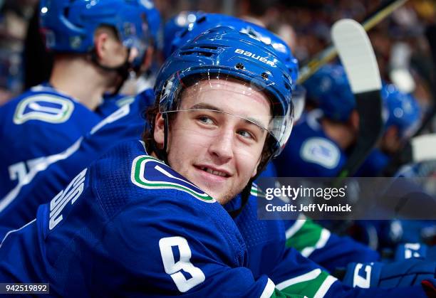 April 3: Brendan Leipsic of the Vancouver Canucks looks on from the bench during their NHL game against the Vegas Golden Knights at Rogers Arena...