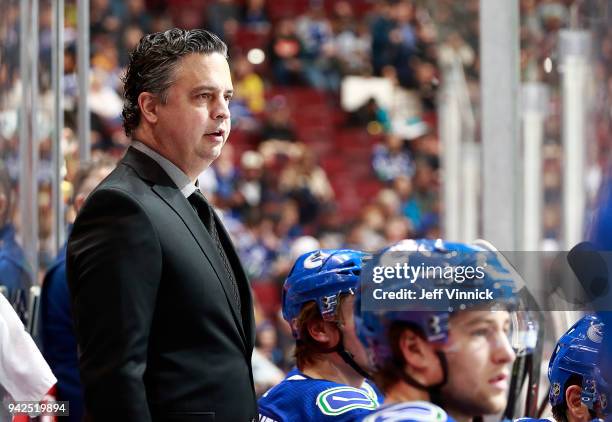 April 3: Head coach Travis Green of the Vancouver Canucks looks on from the bench during their NHL game against the Vegas Golden Knights at Rogers...