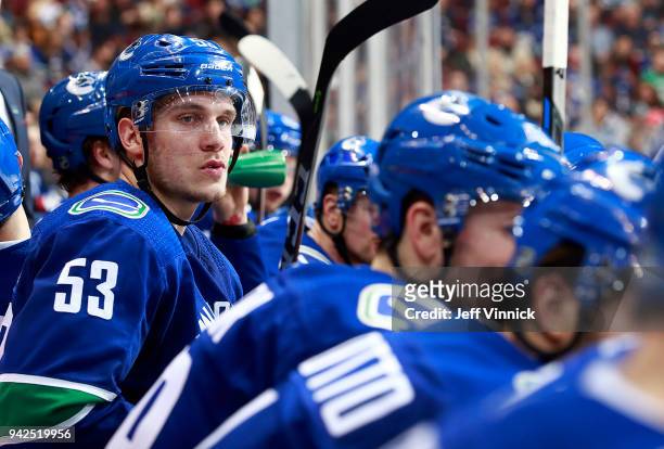 April 3: Bo Horvat of the Vancouver Canucks looks on from the bench during their NHL game against the Vegas Golden Knights at Rogers Arena April 3,...