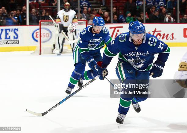 April 3: Daniel Sedin and Henrik Sedin of the Vancouver Canucks skate up ice during their NHL game against the Vegas Golden Knights at Rogers Arena...