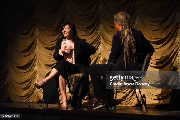 Lynne Ramsay and Elvis Mitchell attend the Film Independent at LACMA hosts special screening of "You Were Never Really Here" at Bing Theater At LACMA...
