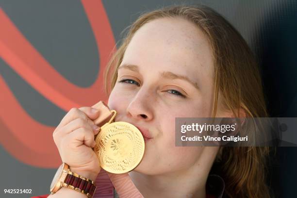 Ellie Robinson of England poses with her Gold Medal at the Team England Hotel in Main Beach on day two of the 2018 Commonwealth Games on April 6,...