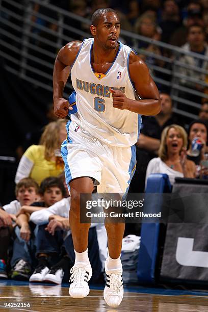 Arron Afflalo of the Denver Nuggets runs upcourt during the game against the New York Knicks on November 27, 2009 at the Pepsi Center in Denver,...