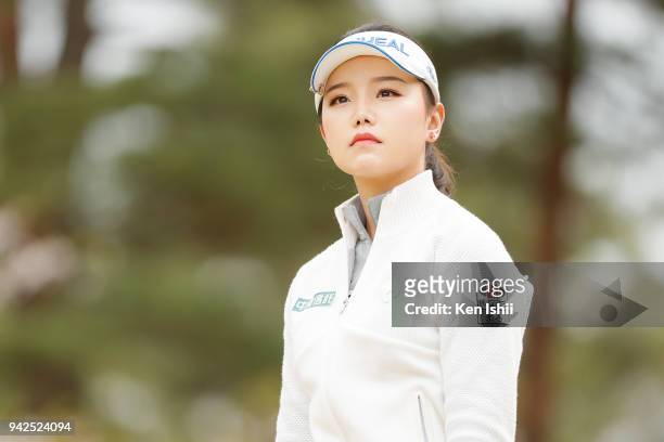 Yuting Seki of China watches her tee shot on the 2nd hole during the final round of the Hanasaka Ladies Yanmar Golf Tournament at Biwako Country Club...