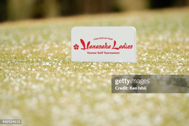 An official logo is seen on the 9th green during the final round of the Hanasaka Ladies Yanmar Golf Tournament at Biwako Country Club on April 6,...