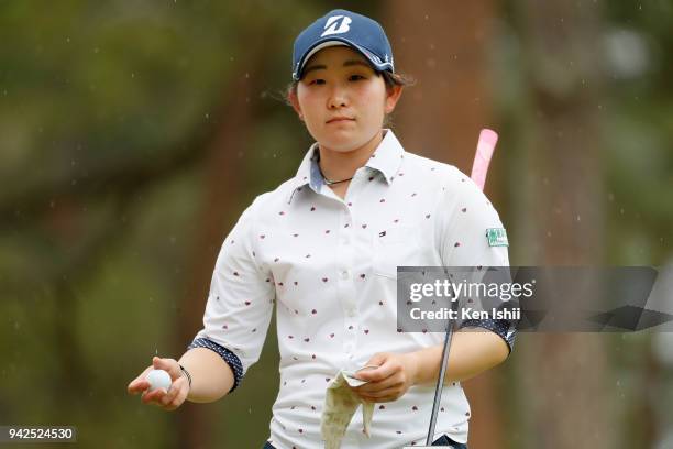 Yumi Kudo of Japan reacts on the 18th green during the final round of the Hanasaka Ladies Yanmar Golf Tournament at Biwako Country Club on April 6,...