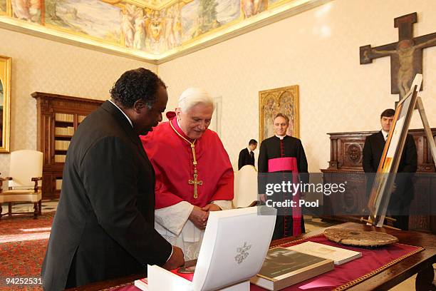 Pope Benedict XVI meets with President of Gabon Ali Bongo Ondimba at his library on December 10, 2009 in Vatican City, Vatican.
