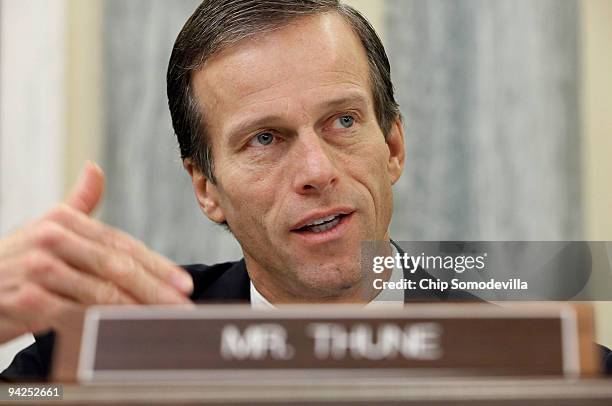 Senate Aviation Operations, Safety, and Security Subcommittee member Sen. John Thune questions a witness during a hearing December 10, 2009 in...