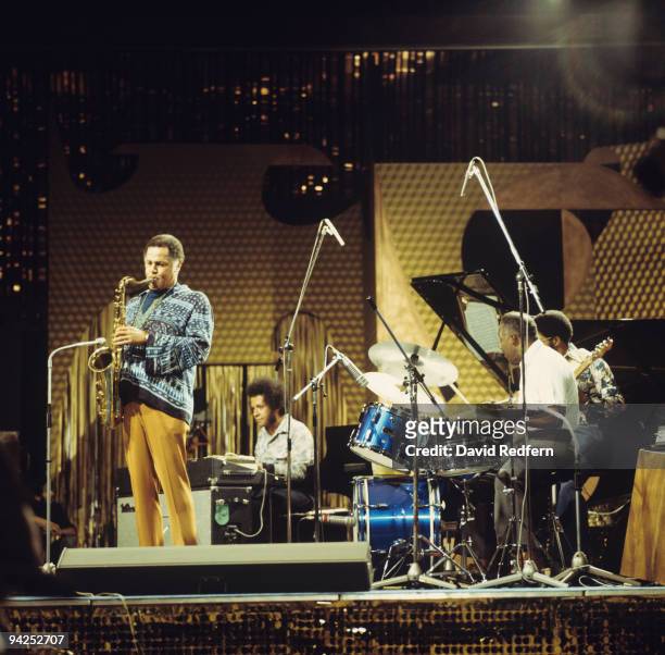 Saxophonist Dexter Gordon performs on stage with Hampton Hawes and Kenny Clarke at the Montreux Jazz Festival held in Montreux, Switzerland on July...