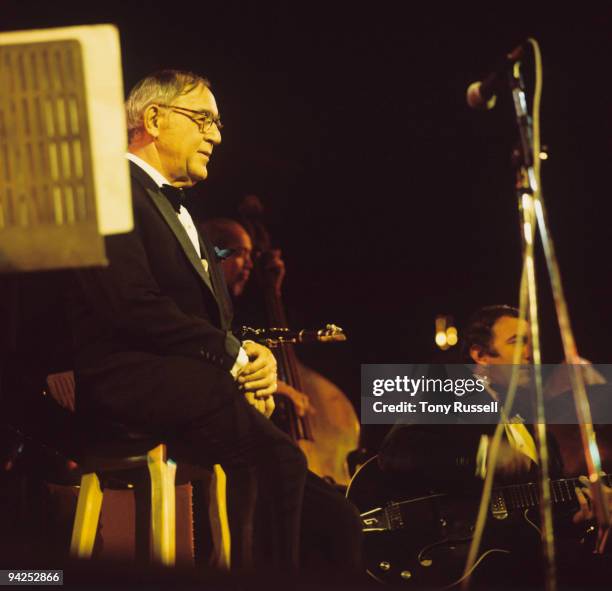 American jazz musician and bandleader Benny Goodman performs on stage circa 1970.