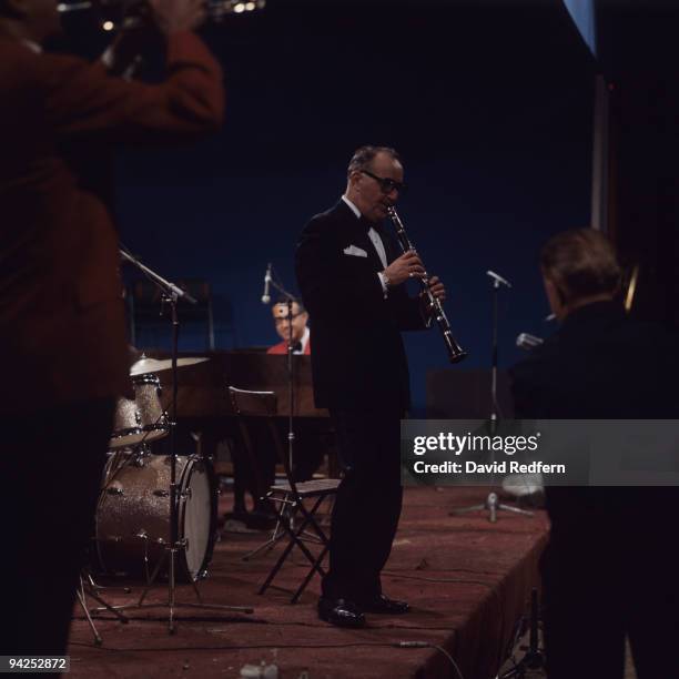 Jazz musician Benny Goodman performs on stage in Comblain la Tour, Belgium in 1967.
