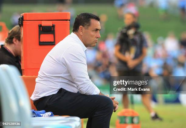 Sharks Coach Shane Flanagan looks on before the round five NRL match between the Cronulla Sharks and the Sydney Roosters at Southern Cross Group...