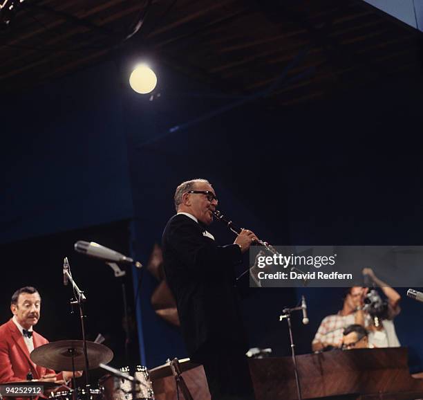 Jazz musician Benny Goodman performs on stage in Comblain la Tour, Belgium in 1967.