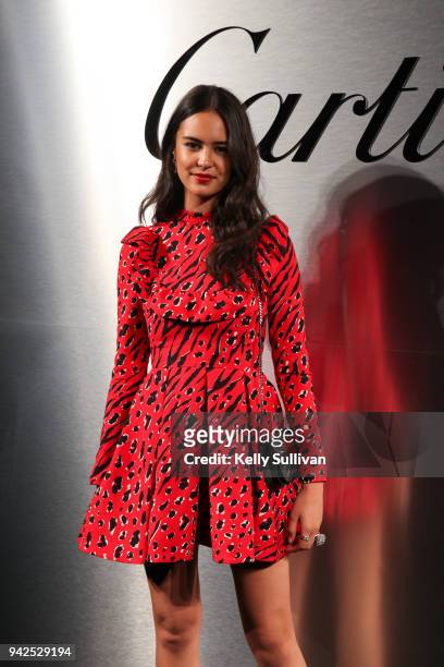 Model and actress Courtney Eaton arrives on the red carpet for the Santos de Cartier Watch Launch at Pier 48 on April 5, 2018 in San Francisco,...