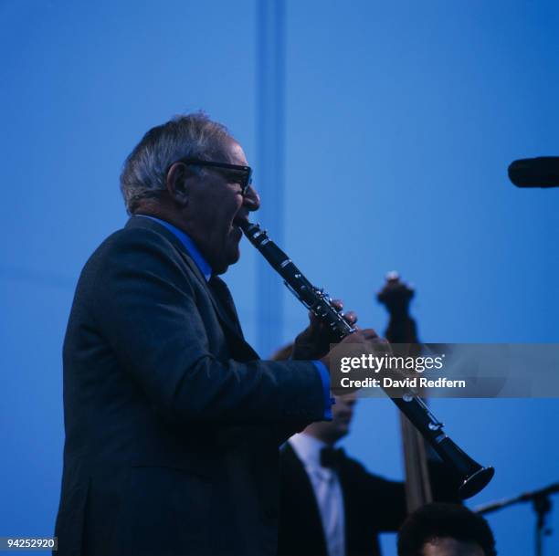 American musician Benny Goodman performs on stage at the Capital Jazz Festival held at Knebworth Park in July 1982.