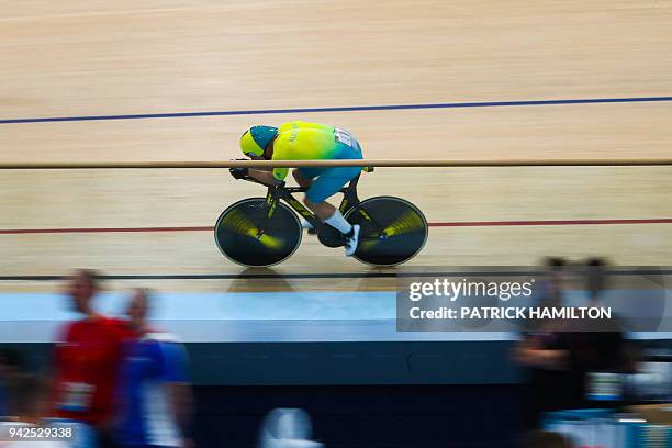 Australia's Sam Welsford competes during the Men's 4000m Individual Pursuit Qualifying cycling event during the 2018 Gold Coast Commonwealth Games at...