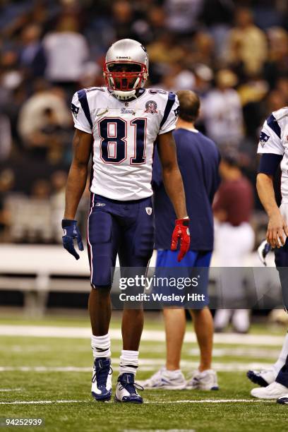 Wide receiver Randy Moss of the New England Patriots during warm ups before a game against the New Orleans Saints at the Louisiana Superdome on...