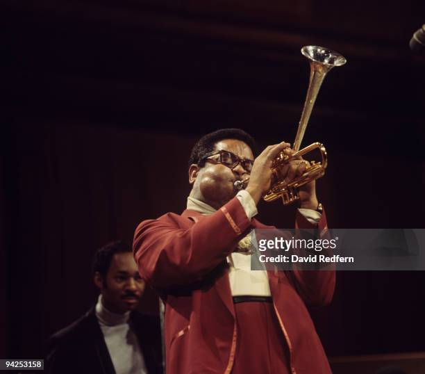 American trumpeter Dizzy Gillespie performs with his big band reunion during the recording of the BBC Television show 'Jazz at the Maltings' at Snape...