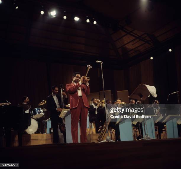 American trumpeter Dizzy Gillespie performs with his big band reunion during the recording of the BBC Television show 'Jazz at the Maltings' at Snape...