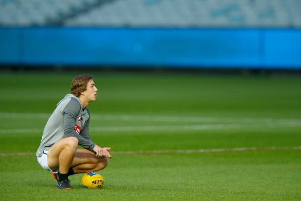 Callum Brown of the Magpies has a quiet moment on the field before the fans come in befiore the round three AFL match between the Carlton Blues and...