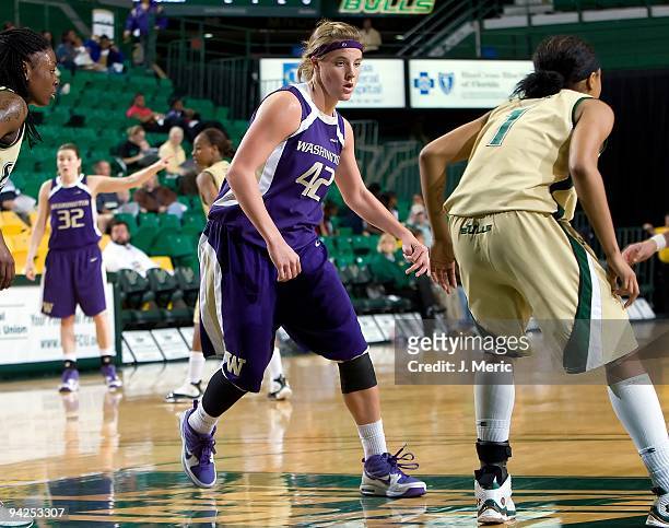 Sara Mosiman of the Washington Huskies defends against the South Florida Bulls during the game at the SunDome on December 4, 2009 in Tampa, Florida.