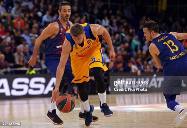 Egor Vyaltsev, Juan Carlos Navarro and Thomas Heurtel during the match between FC Barcelona and BC Khimki Moscu, corresponding to the week 30 of the...