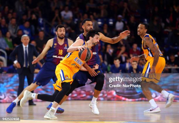 Alexey Shved and Adam Hanga during the match between FC Barcelona and BC Khimki Moscu, corresponding to the week 30 of the Euroleague, played at the...