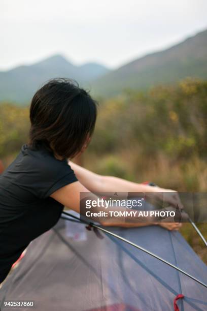 asian woman pitching tent - picchetto da tenda foto e immagini stock