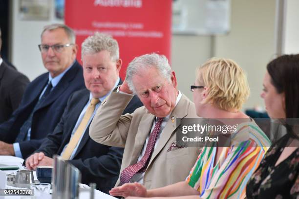 Prince Charles, Prince of Wales attends a roundtable meeting, discussing coral resilience on Lady Elliot Island on April 6, 2018 in Queensland,...