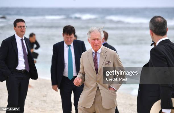 Prince Charles, Prince of Wales attends a roundtable meeting, discussing coral resilience on Lady Elliot Island on April 6, 2018 in Queensland,...