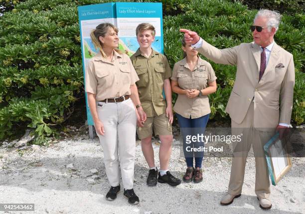 Terri Irwin, Bob Irwin and Bindi Irwin speak with Prince Charles, Prince of Wales before a roundtable meeting, discussing coral resilience on Lady...