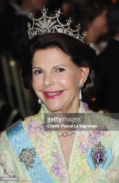 Queen Silvia of Sweden poses during the Nobel Foundation Prize Banquet 2009 at the Town Hall on December 10, 2009 in Stockholm, Sweden.