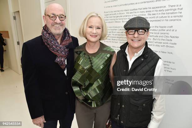 Dudley de Zonia, Anne Crawford and Matthew Rolston attend Ralph Pucci Presents Pierre Paulin and James HD Brown on April 5, 2018 in Los Angeles,...