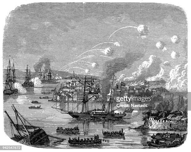 ilustraciones, imágenes clip art, dibujos animados e iconos de stock de vista del bombardeo británico del tratado puerto cantón durante la segunda guerra del opio, cantón, china, década de 1850. - opium