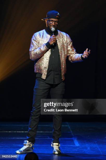 Comedian Rickey Smiley performs on stage during the 2018 LIT AF Tour at Microsoft Theater on April 5, 2018 in Los Angeles, California.