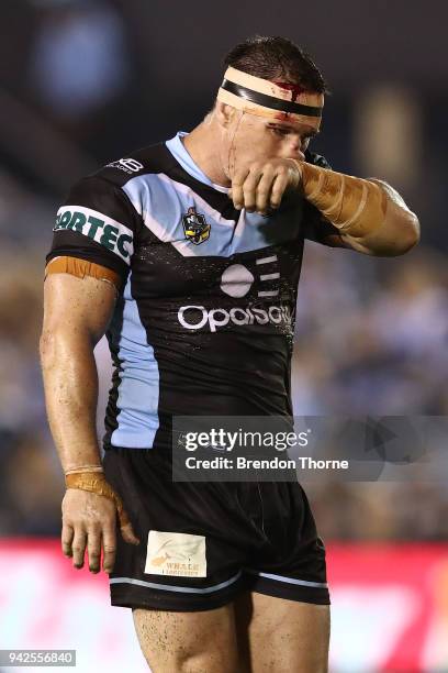 Paul Gallen of the Sharks wipes his face during the round five NRL match between the Cronulla Sharks and the Sydney Roosters at Southern Cross Group...